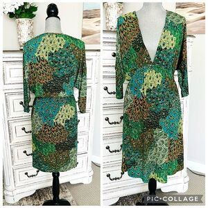 CRISTINA LOVE PEACOCK ABSTRACT PATCHWORK PRINT DRESS VINTAGE
